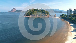 RIO DE JANEIRO, BRASIL - MAY, 2023: Drone aerial view of of a famous landmark Boa Viagem beach and Guanabara Bay. White