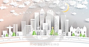 Rio de Janeiro Brazil City Skyline in Paper Cut Style with Snowflakes, Moon and Neon Garland