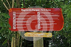 Park rules board at `Bosque da Freguesia`, public park in the neighborhood of Jacarepagua photo