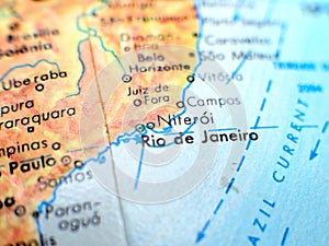 Rio de Janeiro Brazil focus macro shot on globe map for travel blogs, social media, website banners and backgrounds.