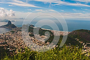 Rio de Janeiro, Brazil. Suggar Loaf and Botafogo beach viewed from Corcovado