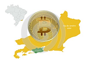 Rio de Janeiro map state and city with Bitcoin gold coin, Brazil with regions states