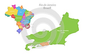 Rio de Janeiro map state and city with Brazil administrative division, separate individual regions with names, color map isolated