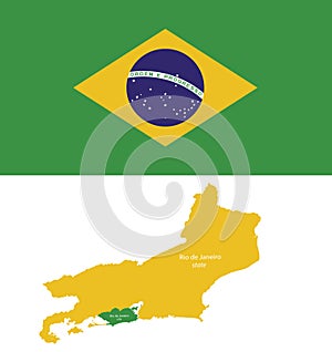 Rio de Janeiro map state and city with Brazil flag