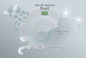 Rio de Janeiro map state and city, Brazil map and flag, separates regions and names, design glass card 3D