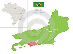 Rio de Janeiro map state and city, Brazil with regions states and flag