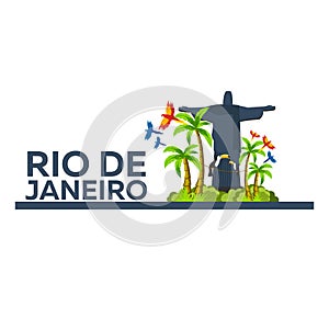 Rio de Jeaneiro logo. Travel in Brasil. South America. Toucan. Three parrots.