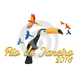 Rio de Jeaneiro logo. Travel in Brasil. South America. Toucan. Three parrots.