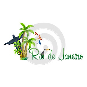 Rio de Jeaneiro logo. Travel in Brasil. South America. Toucan. Three parrots.