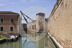 Rio de le Vergini in Venice, with the historic Arsenal walls