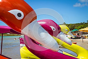Rio Grande do Norte, Brazil. June 22, 2021. Colorful swan-headed boats for tourist trips in the CarcarÃÂ¡ lagoon. Tourist photo