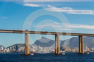Rio - Niteroi Bridge With City Skyline and Mountains