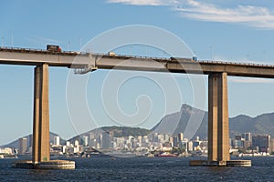 Rio - Niteroi Bridge With City Skyline and Mountains