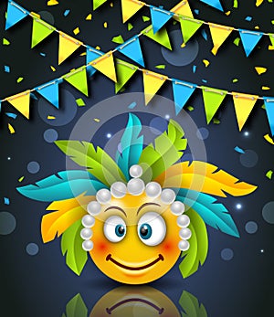 Rio Party Carnaval Festive Banner, Smile Emoji with Headdress photo