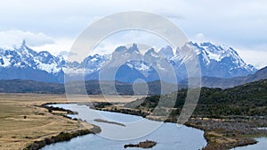 The Rio Serrano and the plains below the mountains of the Torres del Paine, Torres del Paine National Park, Chile