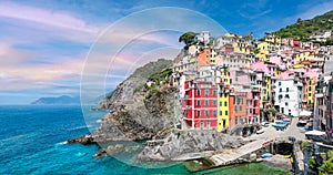 Riomaggiore village along the coastline, Cinque Terre, Italy.