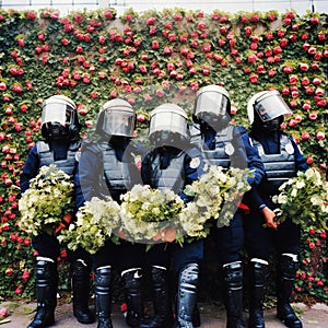 Riot Police Holding Flower Bouquets - The Flower Revolution