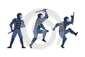 Riot Police Officer and Squad Member in Uniform and Helmet with Baton Fighting Vector Set