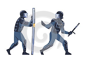 Riot Police Officer and Squad Member in Uniform and Helmet with Baton Fighting Vector Set