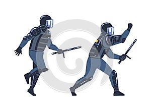 Riot Police Officer and Squad Member in Uniform and Helmet with Baton Fighting Vector Set