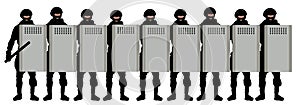 Riot squad crowd with shields. Police special forces with batons. Silhouette vector illustration