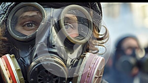 Rioters wear gas masks and goggles to protect themselves from tear gas and other airborne irritants. photo