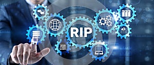 RIP. Businessman pressing virtual screen Routing Information Protocol. Technology networks cocept