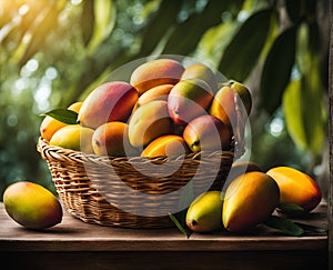 Ripe appetizing mango fruit in an overflowing basket, AI