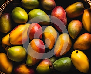 Ripe appetizing mango fruit in an overflowing basket, AI