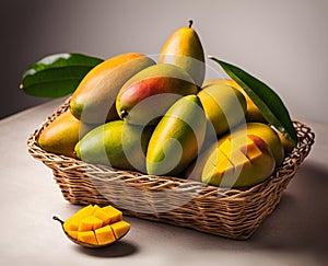 Ripe appetizing mango fruit in an overflowing basket, AI