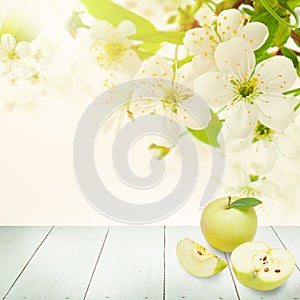 Ripe Apple fruits, Green Leaves, Spring Flowers