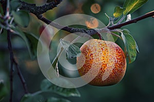 Ripe apple hanging on tree branch