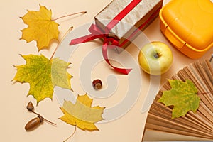 Ripe apple, lunchbox and dry leaves on a beige background, Top view