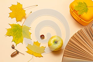 Ripe apple, lunchbox and dry leaves on a beige background, Top view