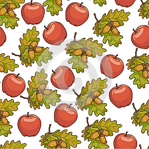 Ripe apples, oak tree leaves with acorn seamless pattern