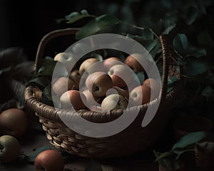 Ripe apples in a wicker basket on a dark background.