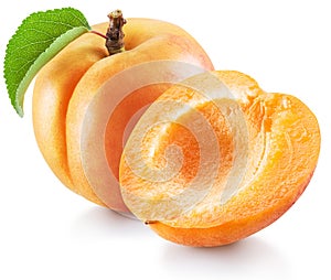 Ripe apricot fruit with green leaf and apricot half. File contains clipping path