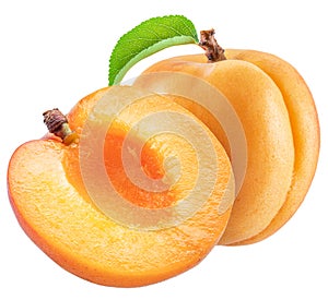 Ripe apricot with green leaf and apricot half on white background. File contains clipping path