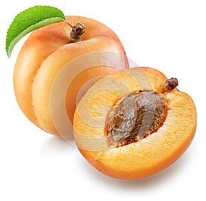 Ripe apricot with green leaf and apricot half on white background. File contains clipping path