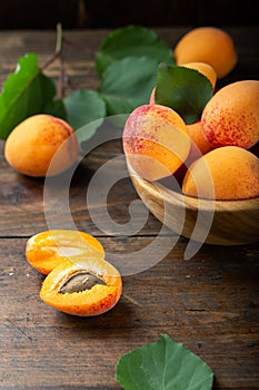 Ripe apricots and apricot leaves in a bowl on a wooden table. Fresh fruits from the home garden