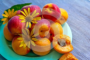 Ripe apricots decorated with yellow flowers