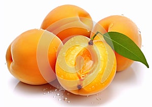 Ripe apricots with leaf on white background.AI Generative