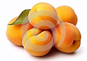 Ripe apricots with leaf on white background.Macro.AI Generative