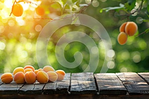 Ripe apricots on rustic wooden table with sunlit orchard background.