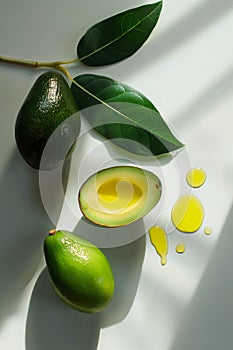 Ripe avocado cut in half with drops of avocado oil on a white background. Healthy organic food, super food, oil for cooking,