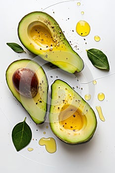 Ripe avocado cut in half with drops of avocado oil on a white background. Healthy organic food, super food, oil for cooking,