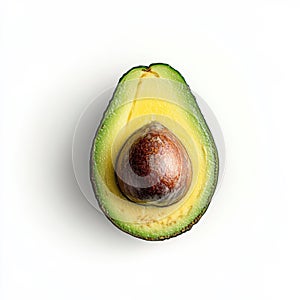 A ripe avocado half with visible seed, isolated on a white background, showcasing a fresh and