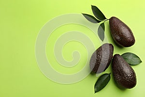 Ripe avocadoes and leaves on green background  flat lay. Space for text