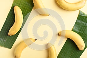 Ripe banana fruit with leaf on yellow background