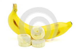 Ripe banana with sliced isolated on white background
